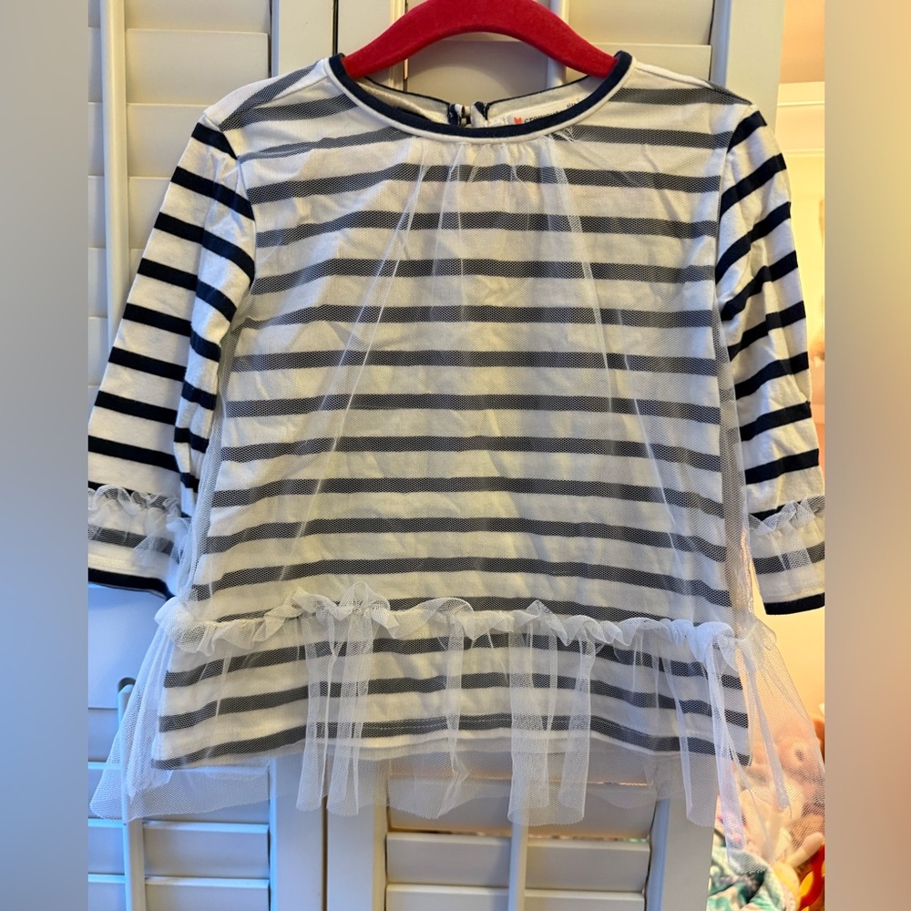 EUC Crewcuts striped shirt with tulle overlay and detail on sleeves.